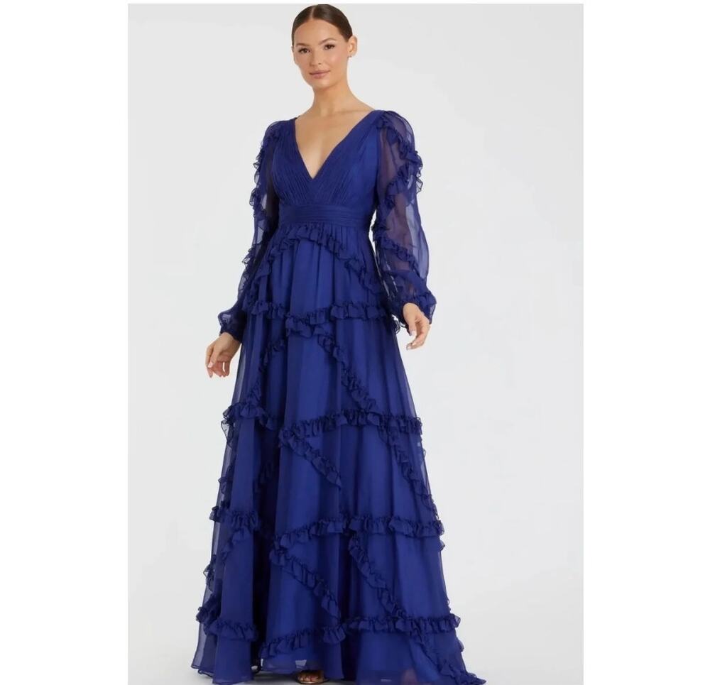 Mac Duggal A68223 Cascade Ruffle Puff Sleeve A Line Gown 6